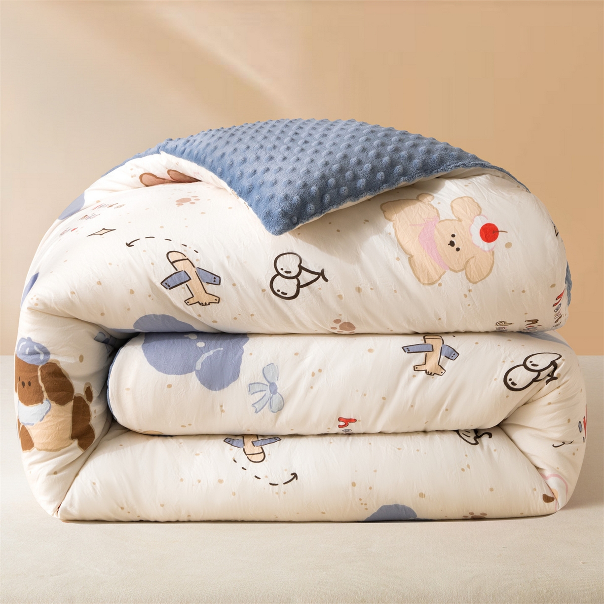 盛秋家纺 2025新款A类水洗棉水晶绒豆豆被被子被芯 开心乐园+月光蓝