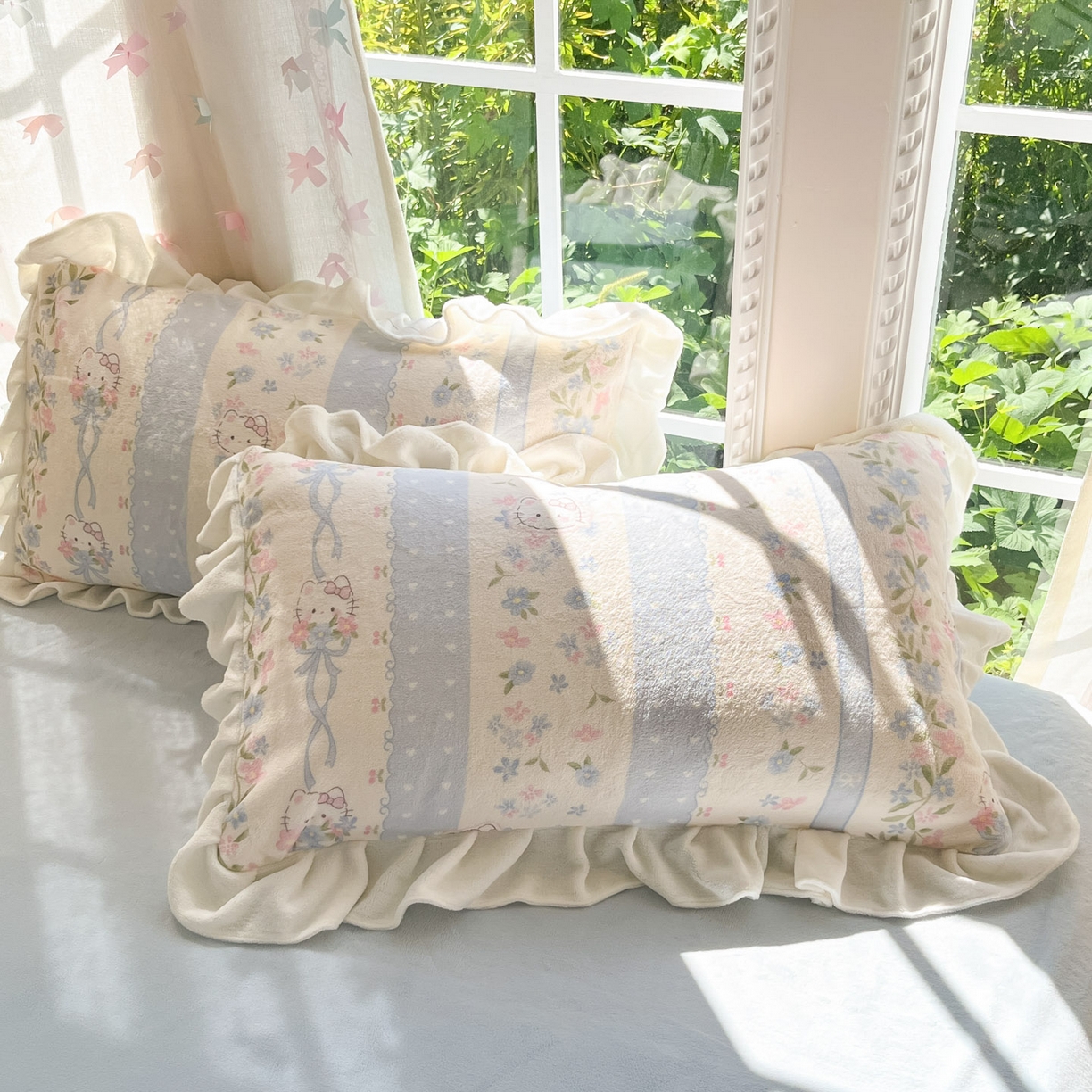 91家纺网 家纺一手货源 找家纺 慕澄家居 2025新款花边款牛奶绒印花四件套 花边款-蓝条凯蒂