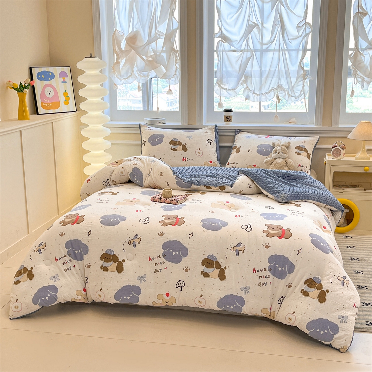 91家纺网 家纺一手货源 找家纺 盛秋家纺 2025新款A类水洗棉水晶绒豆豆被被子被芯 开心乐园+月光蓝