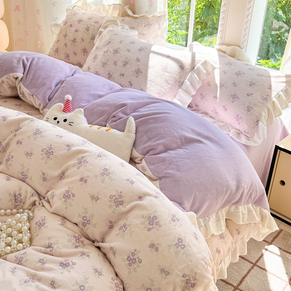 91家纺网 家纺一手货源 找家纺 慕澄家居 2025新款花边款牛奶绒印花四件套 花边款-梦幻花语