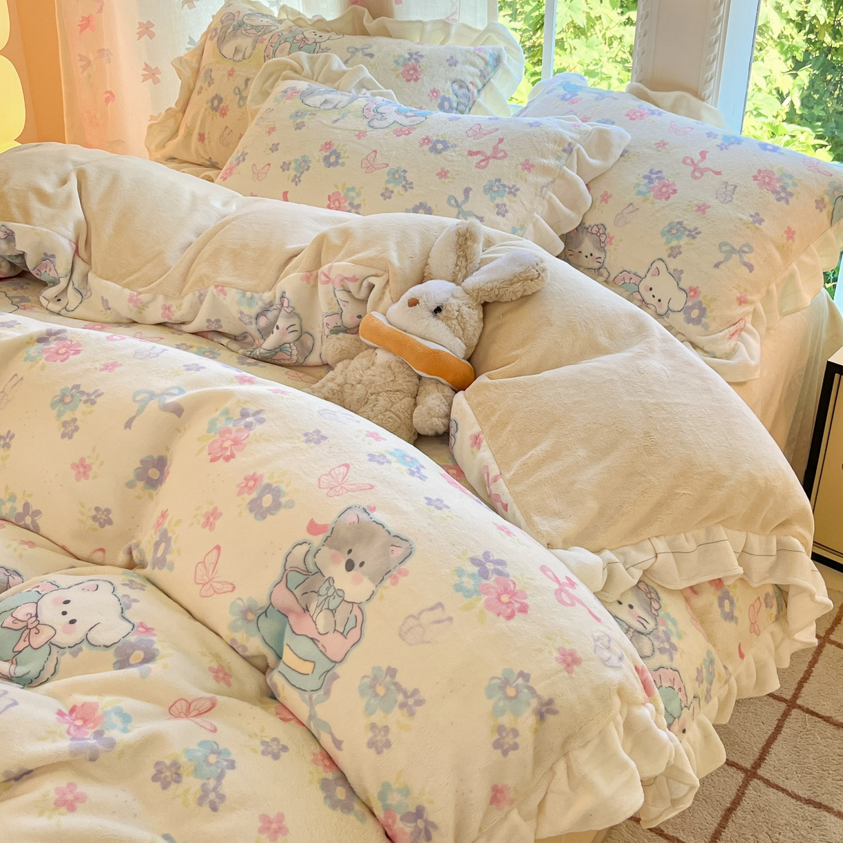 91家纺网 家纺一手货源 找家纺 慕澄家居 2025新款花边款牛奶绒印花四件套 花边款-奶奶可爱