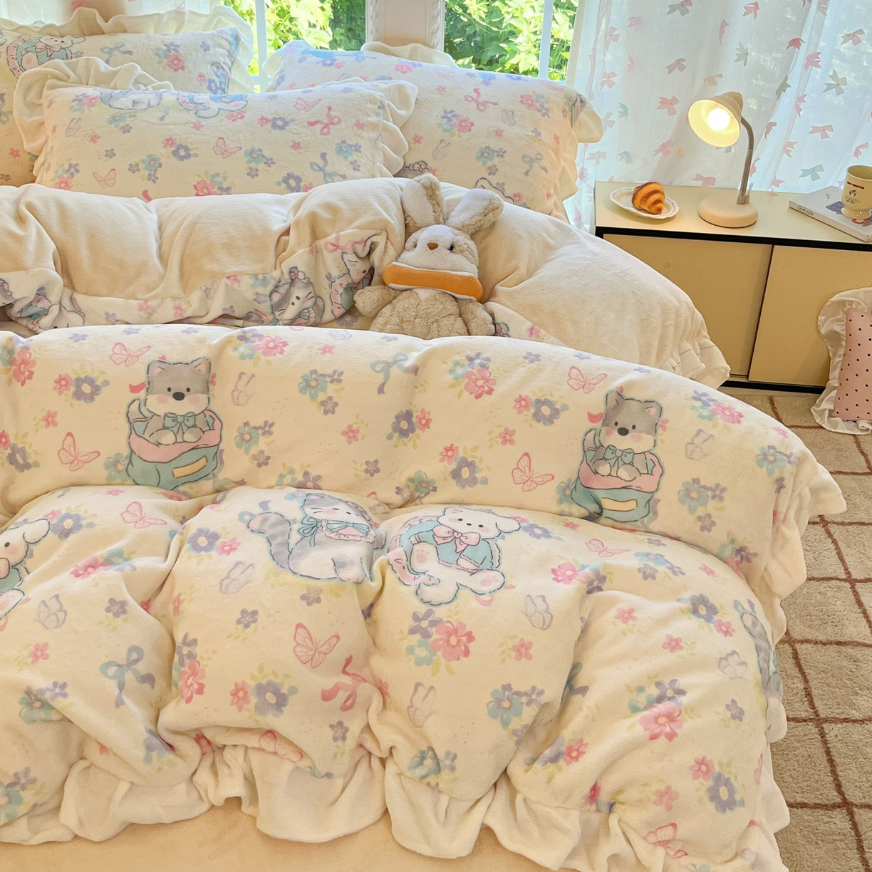 91家纺网 家纺一手货源 找家纺 慕澄家居 2025新款花边款牛奶绒印花四件套 花边款-奶奶可爱