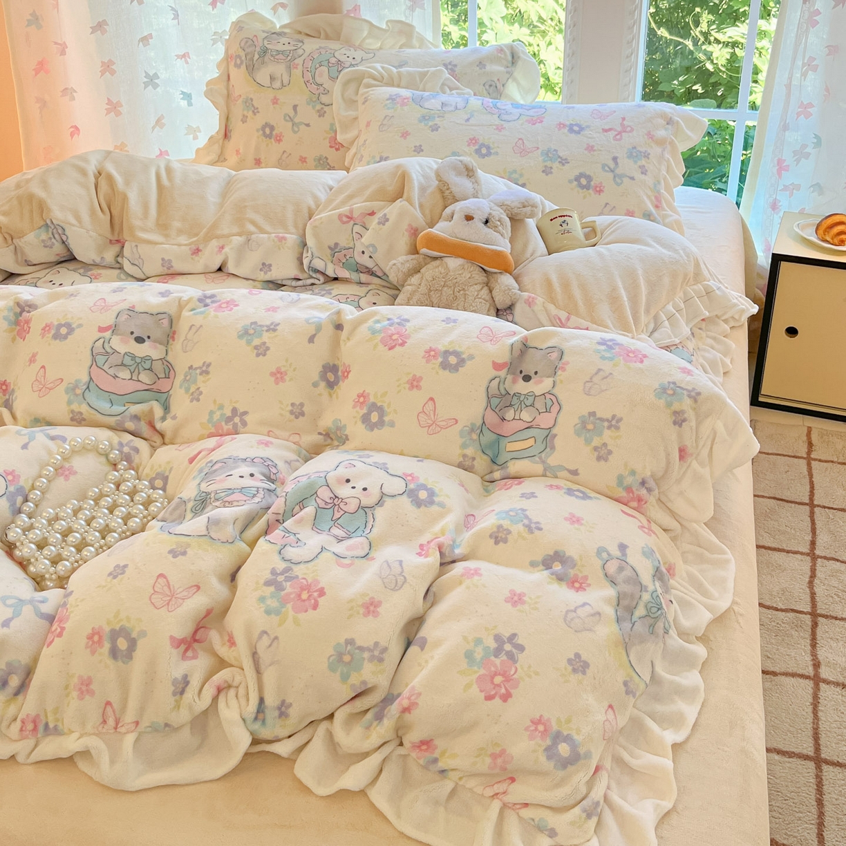 91家纺网 家纺一手货源 找家纺 慕澄家居 2025新款花边款牛奶绒印花四件套 花边款-奶奶可爱