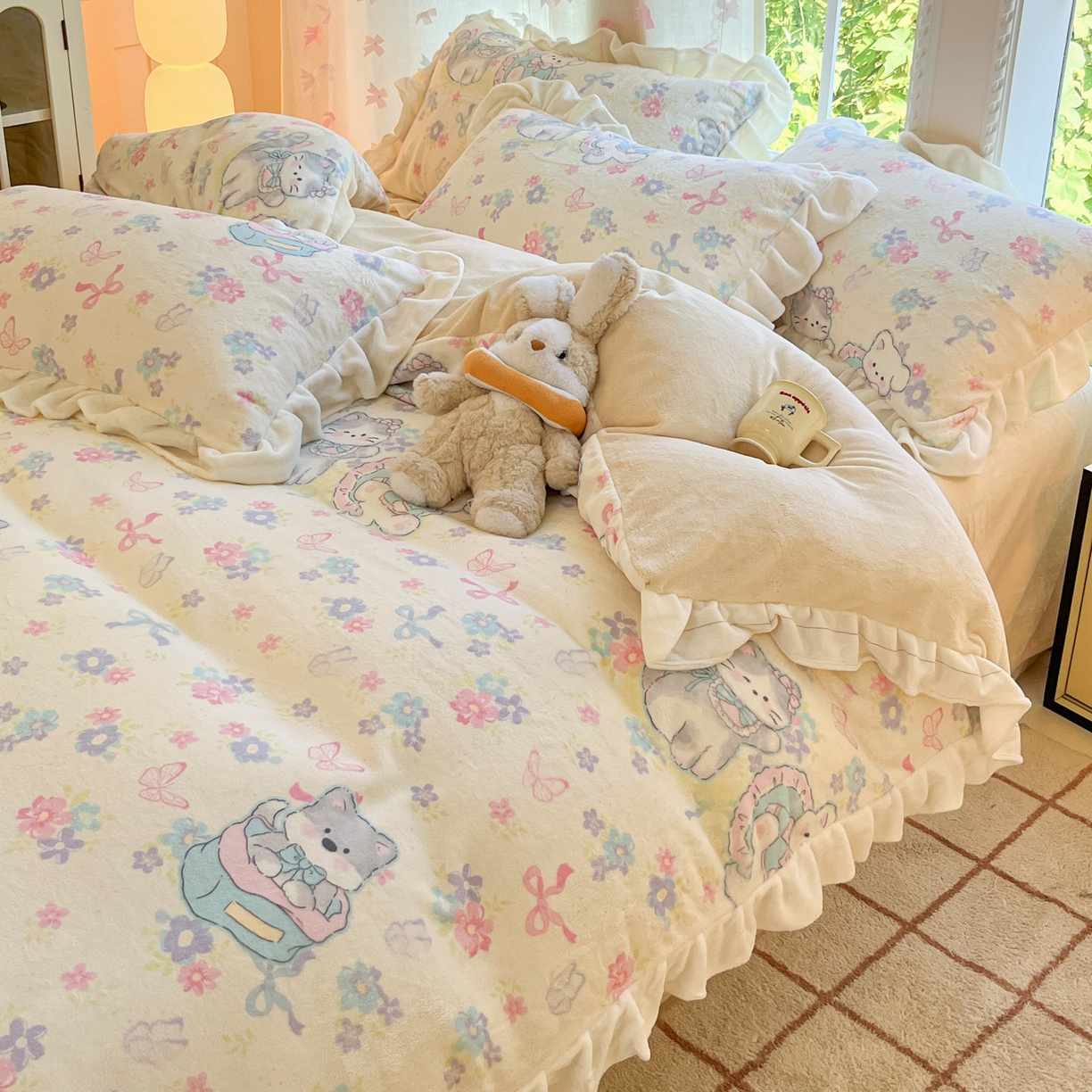 91家纺网 家纺一手货源 找家纺 慕澄家居 2025新款花边款牛奶绒印花四件套 花边款-奶奶可爱