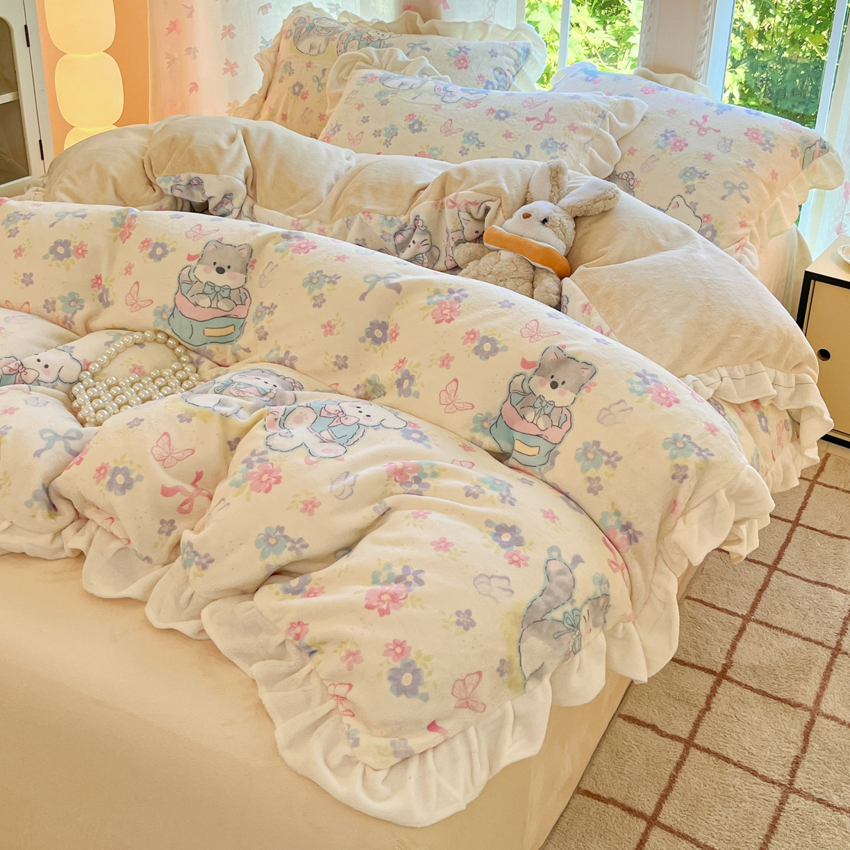 91家纺网 家纺一手货源 找家纺 慕澄家居 2025新款花边款牛奶绒印花四件套 花边款-奶奶可爱