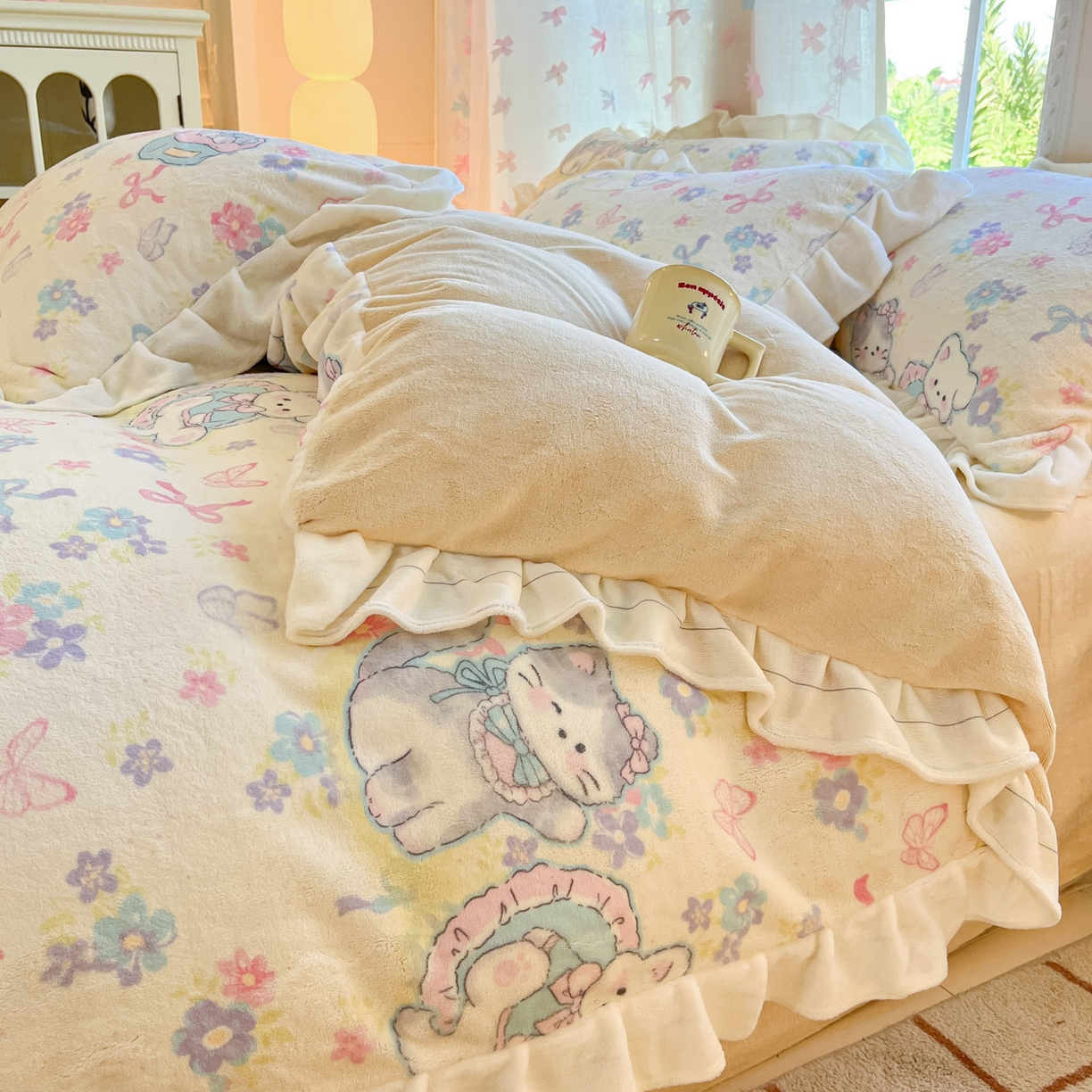 91家纺网 家纺一手货源 找家纺 慕澄家居 2025新款花边款牛奶绒印花四件套 花边款-奶奶可爱