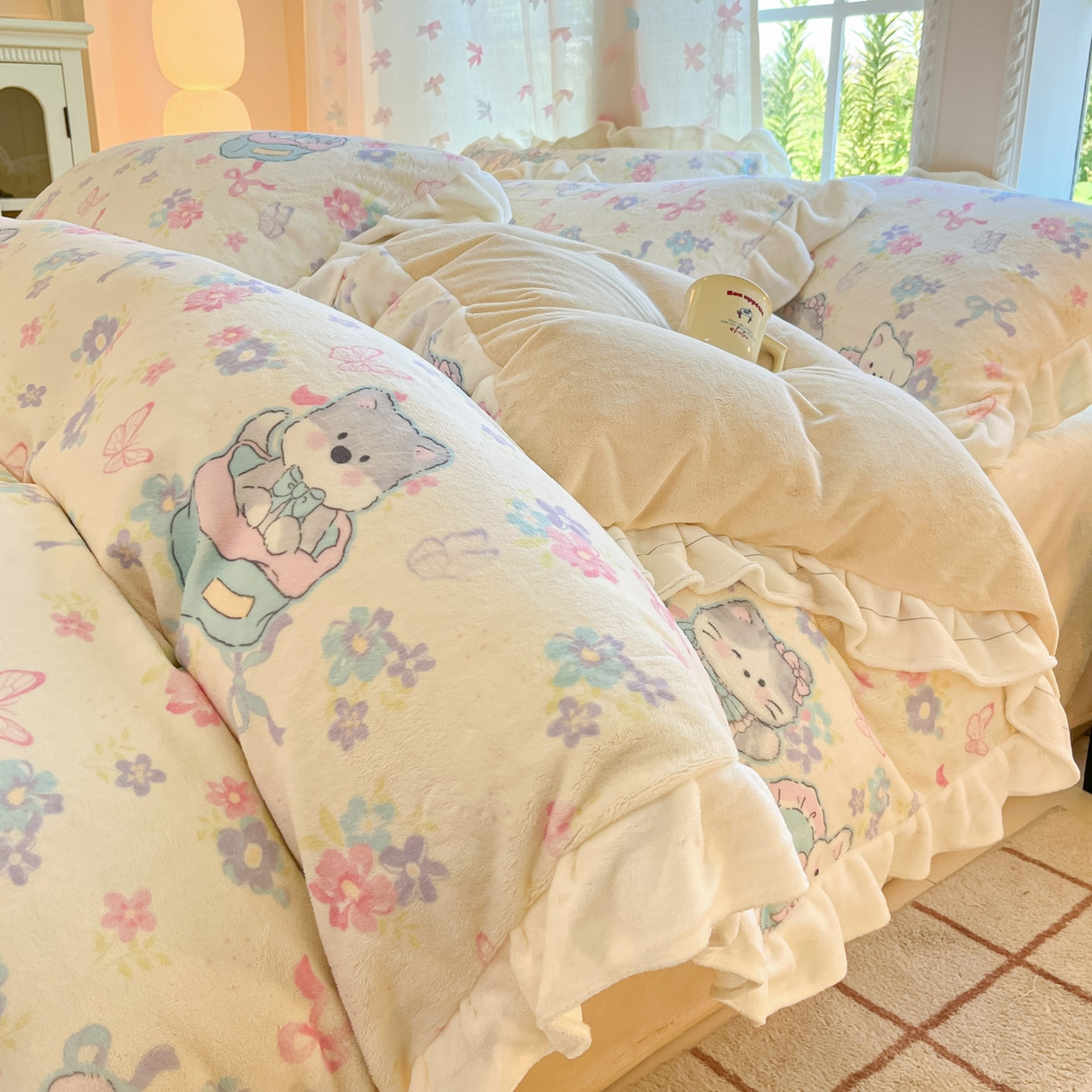 91家纺网 家纺一手货源 找家纺 慕澄家居 2025新款花边款牛奶绒印花四件套 花边款-奶奶可爱