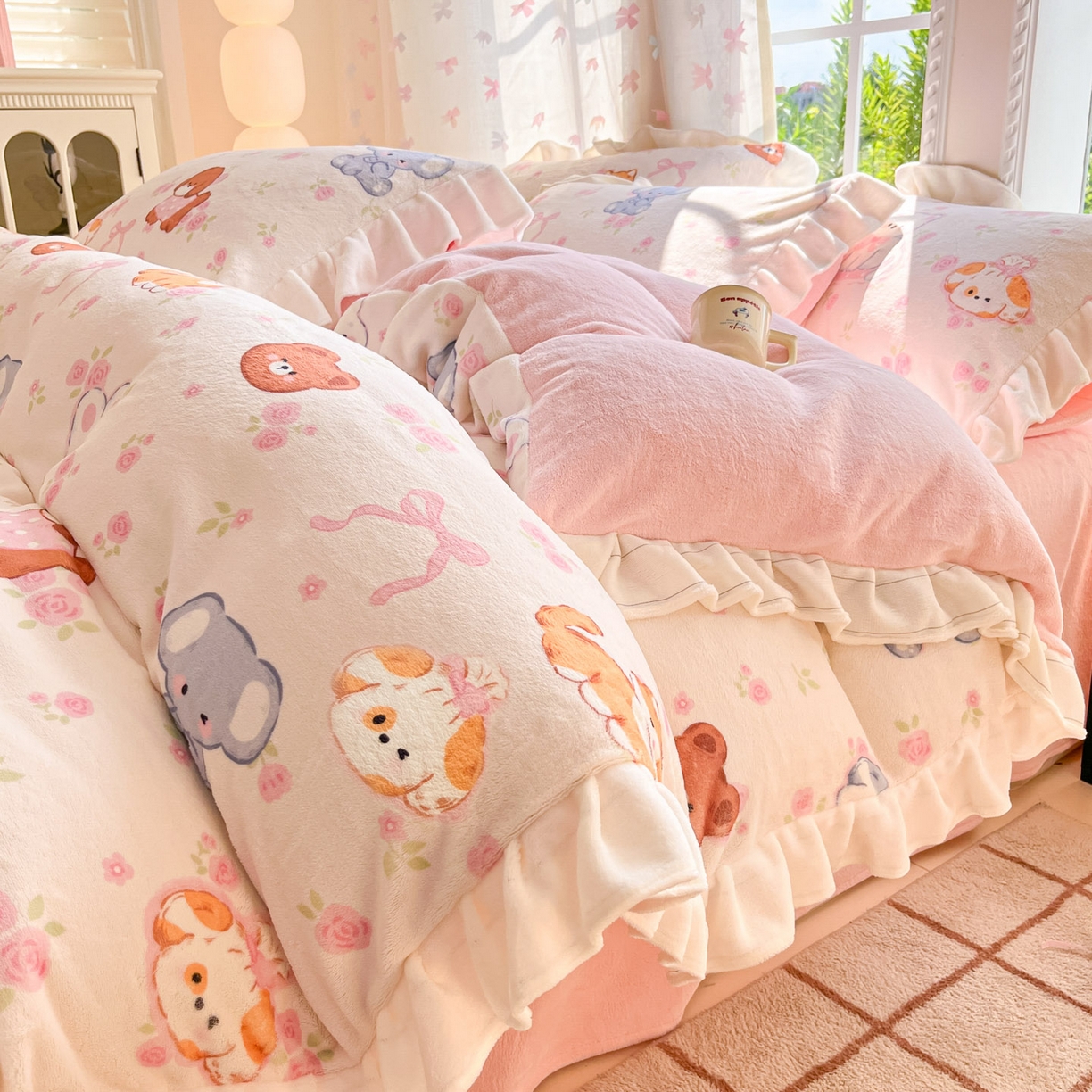 91家纺网 家纺一手货源 找家纺 慕澄家居 2025新款花边款牛奶绒印花四件套 花边款-碎花小汪