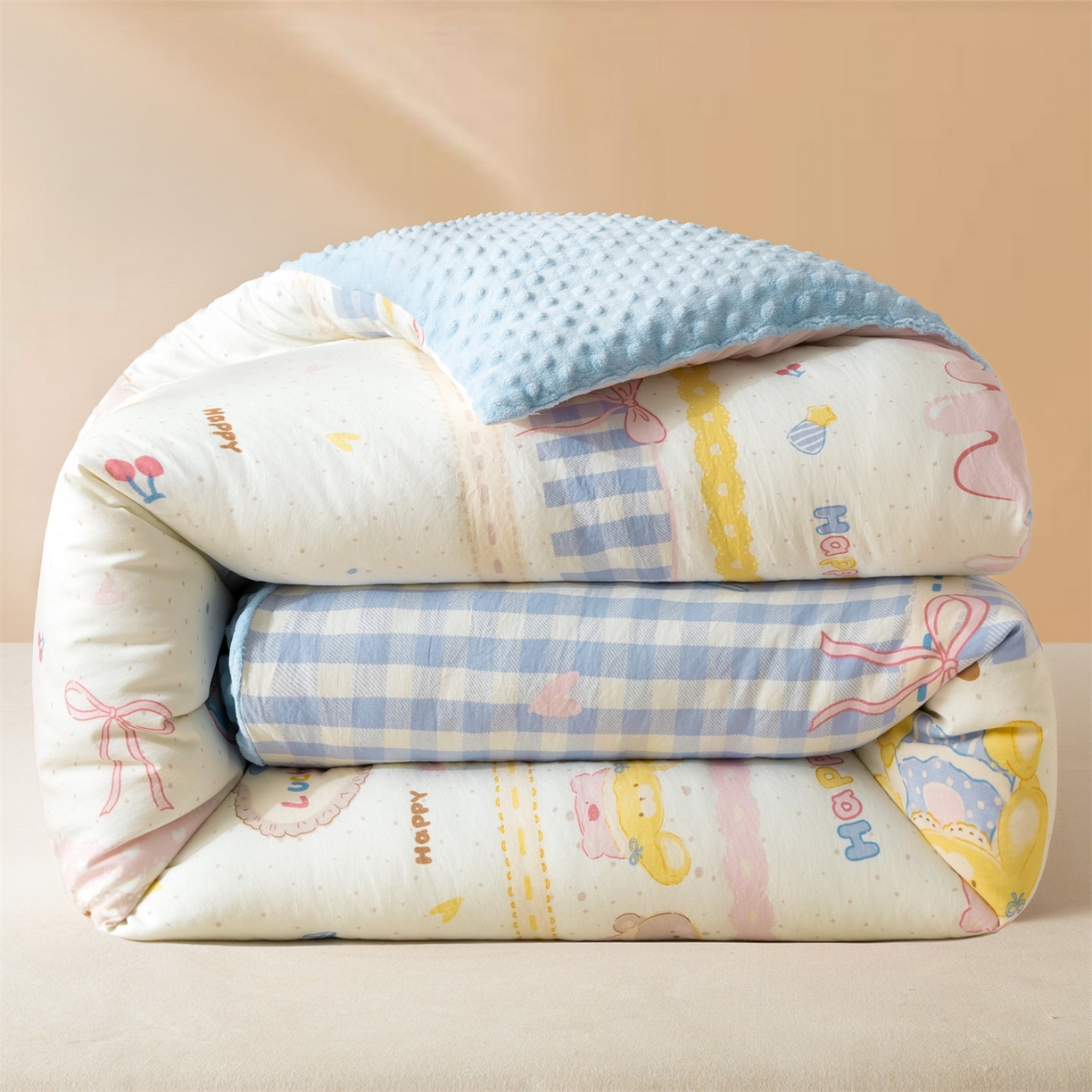 盛秋家纺 2025新款A类水洗棉水晶绒豆豆被被子被芯 开心派对+水蓝