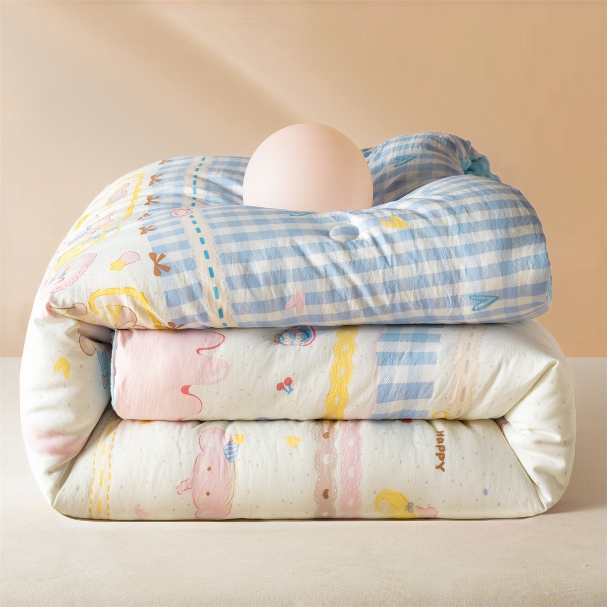 91家纺网 家纺一手货源 找家纺 盛秋家纺 2025新款A类水洗棉水晶绒豆豆被被子被芯 开心派对+水蓝