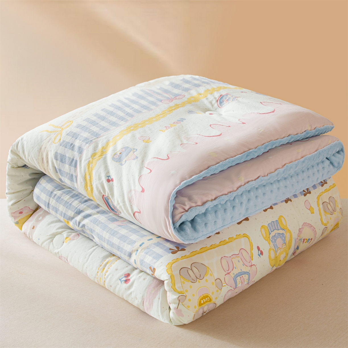 91家纺网 家纺一手货源 找家纺 盛秋家纺 2025新款A类水洗棉水晶绒豆豆被被子被芯 开心派对+水蓝