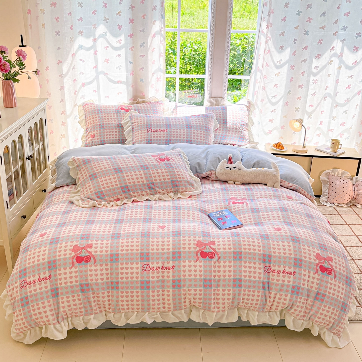 慕澄家居 2025新款花边款牛奶绒印花四件套 花边款-心心相印