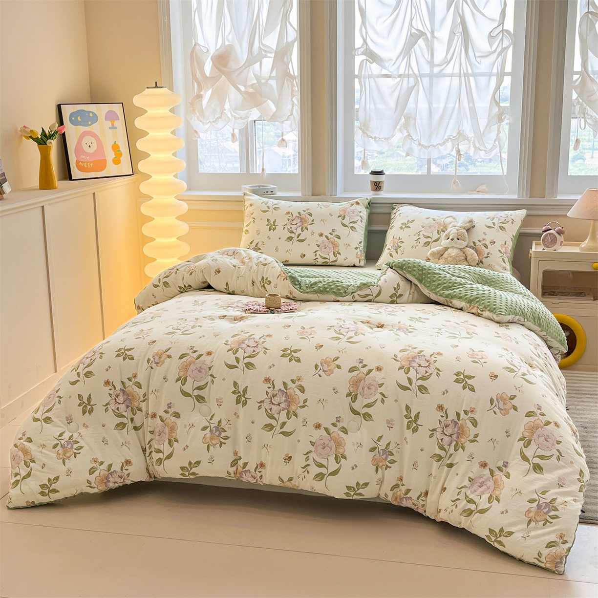 91家纺网 家纺一手货源 找家纺 盛秋家纺 2025新款A类水洗棉水晶绒豆豆被被子被芯 铃兰+橄榄绿