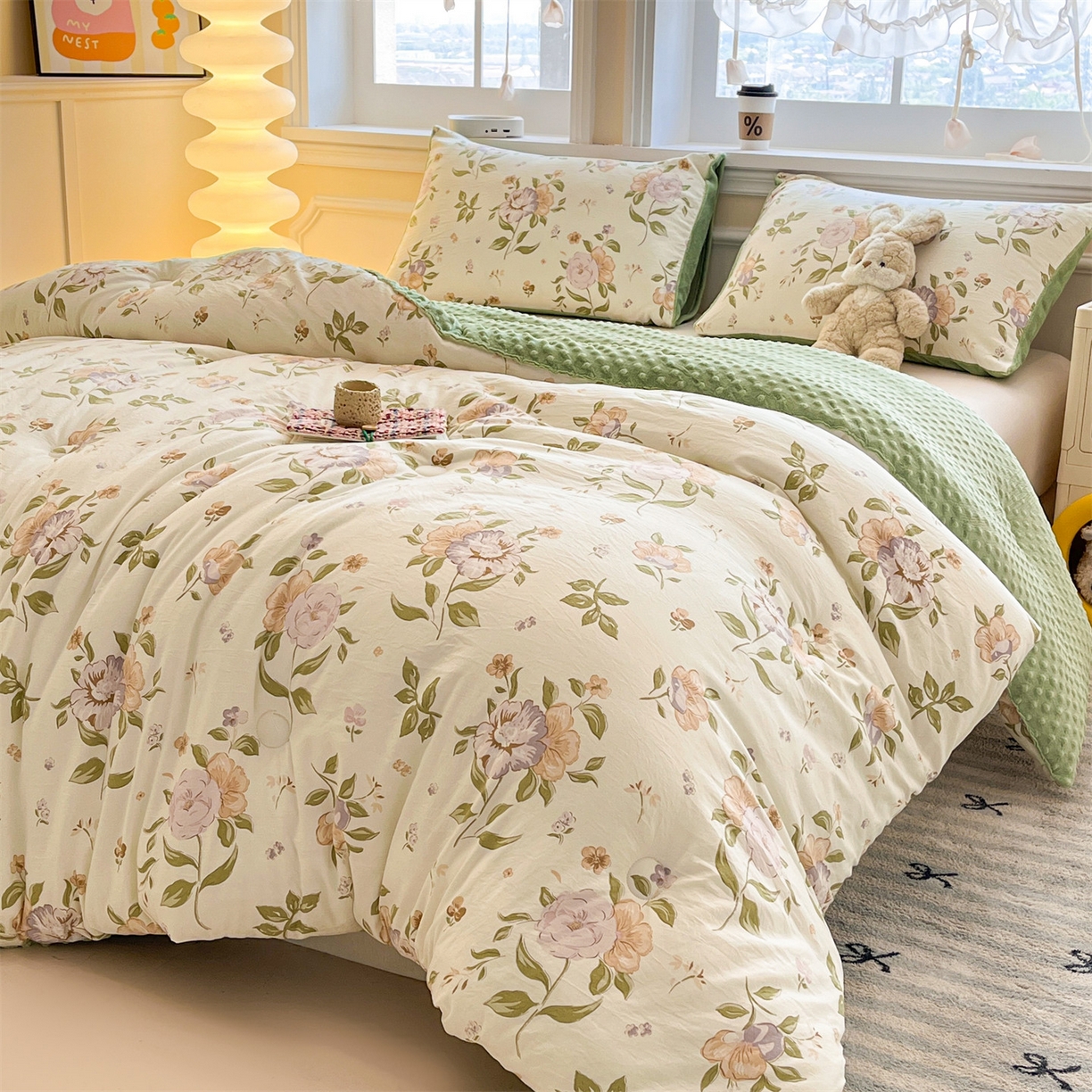 91家纺网 家纺一手货源 找家纺 盛秋家纺 2025新款A类水洗棉水晶绒豆豆被被子被芯 铃兰+橄榄绿