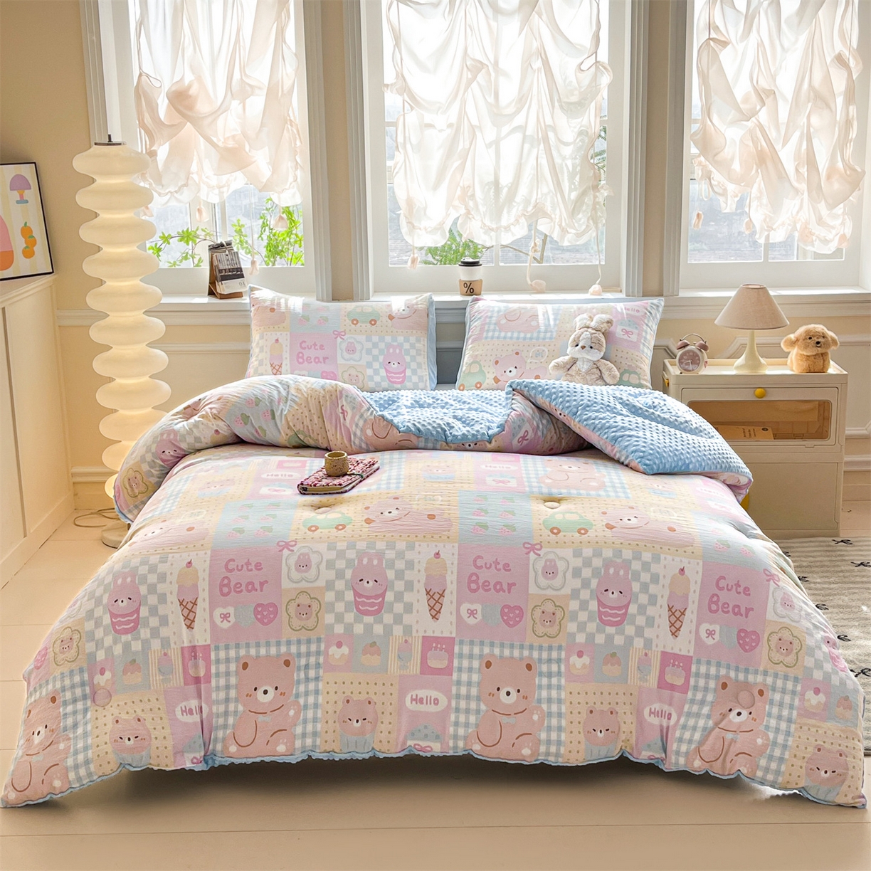 91家纺网 家纺一手货源 找家纺 盛秋家纺 2025新款A类水洗棉水晶绒豆豆被被子被芯 萌宠乐园+水蓝