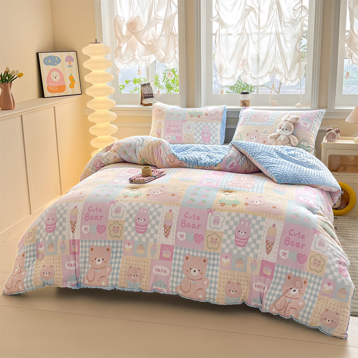 91家纺网 家纺一手货源 找家纺 盛秋家纺 2025新款A类水洗棉水晶绒豆豆被被子被芯 萌宠乐园+水蓝