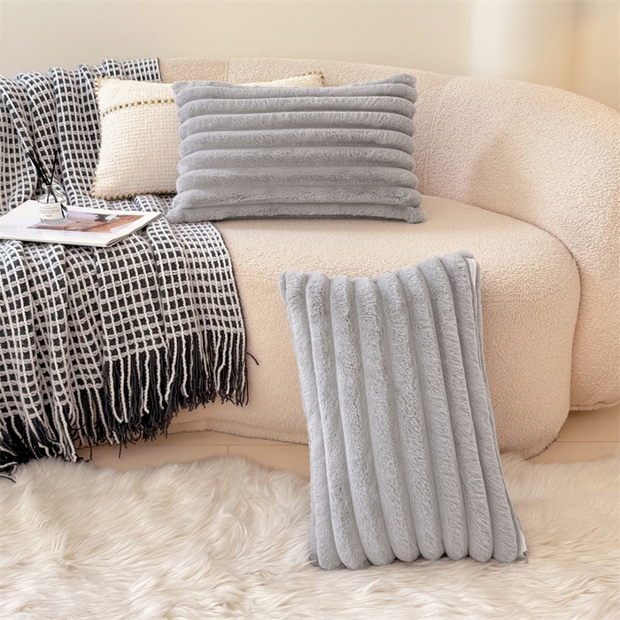 91家纺网 家纺一手货源 找家纺 梦舒羽 2025新款兔毛绒抱枕套法兰绒枕套宿舍枕芯套法莱绒30x50枕头套-抽条 兔毛绒抽条-烟雨灰