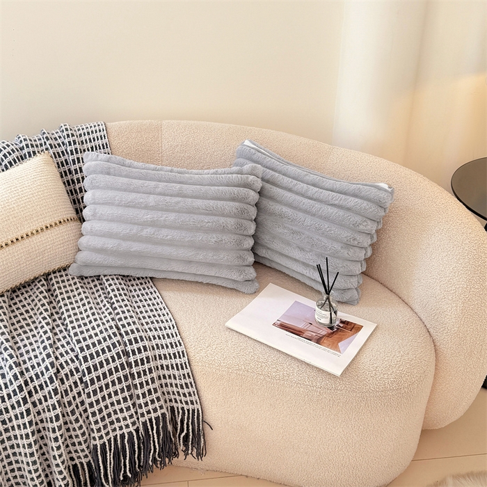 91家纺网 家纺一手货源 找家纺 梦舒羽 2025新款兔毛绒抱枕套法兰绒枕套宿舍枕芯套法莱绒30x50枕头套-抽条 兔毛绒抽条-烟雨灰