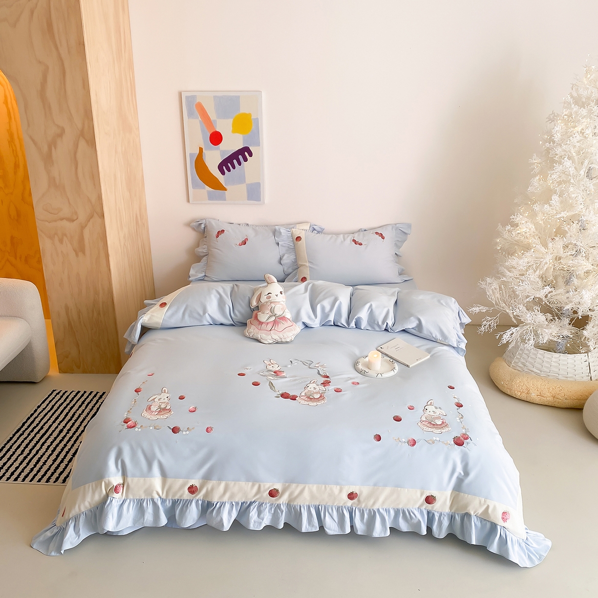 MIU缪家居 2025新款100支全棉磨毛四件套-草莓多多（控价368） 奶油蓝