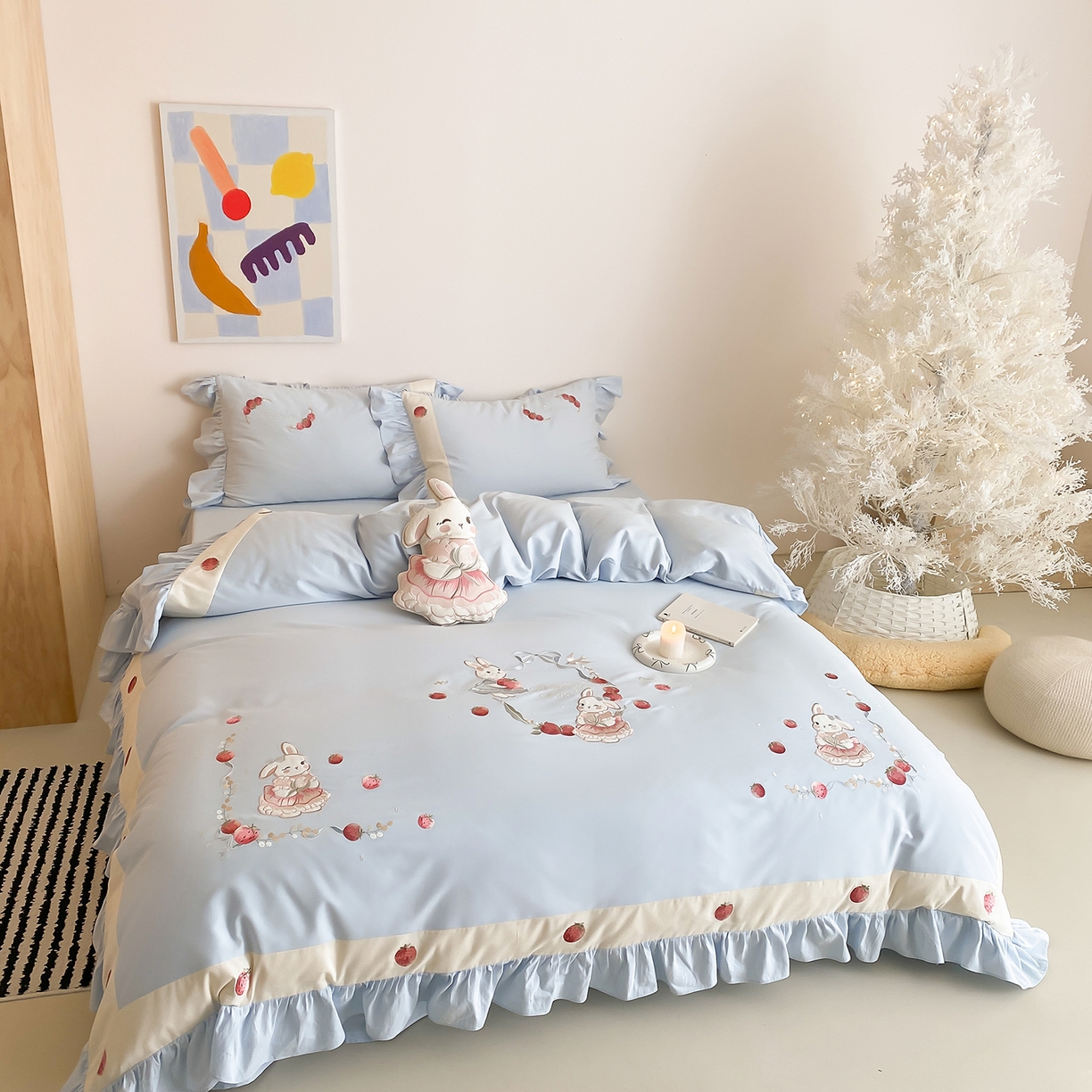 91家纺网 家纺一手货源 找家纺 MIU缪家居 2025新款100支全棉磨毛四件套-草莓多多（控价368） 奶油蓝