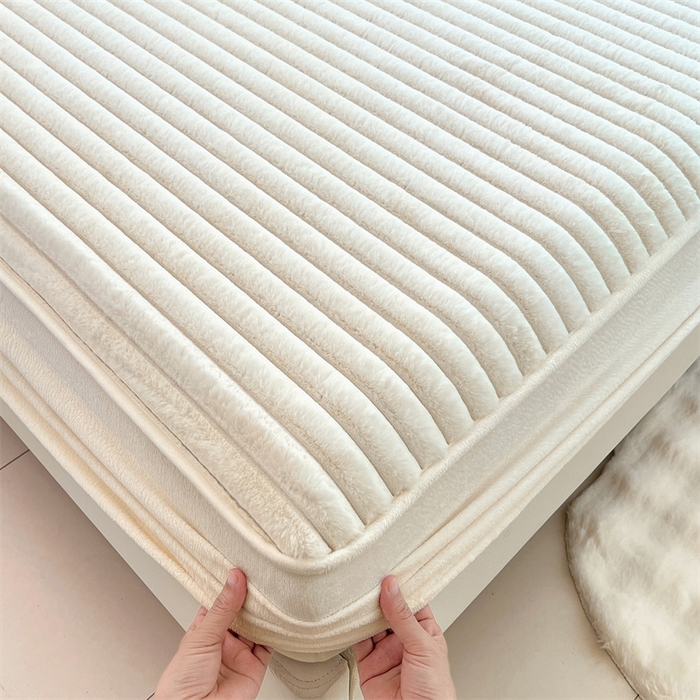 梦舒羽 2025新款兔毛绒床笠床垫法兰绒保护套牛奶绒席梦思法莱绒床垫套-抽条 兔毛绒抽条-晨曦白