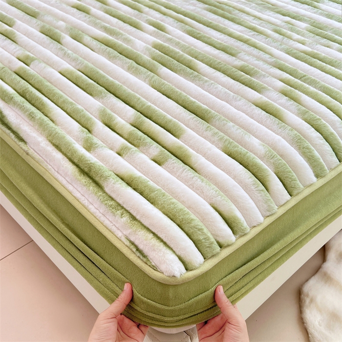 梦舒羽 2025新款兔毛绒床笠床垫法兰绒保护套牛奶绒席梦思法莱绒床垫套-抽条 兔毛绒抽条-梦幻果绿