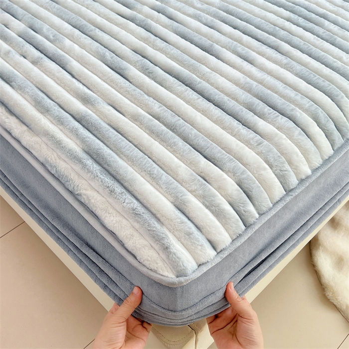 梦舒羽 2025新款兔毛绒床笠床垫法兰绒保护套牛奶绒席梦思法莱绒床垫套-抽条 兔毛绒抽条-梦幻浅灰