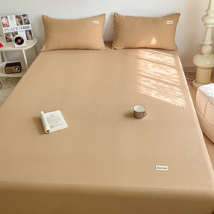 91家纺网 家纺一手货源 找家纺 澜妃 2025新款云感提花双层纱单床单  黄驼泡泡