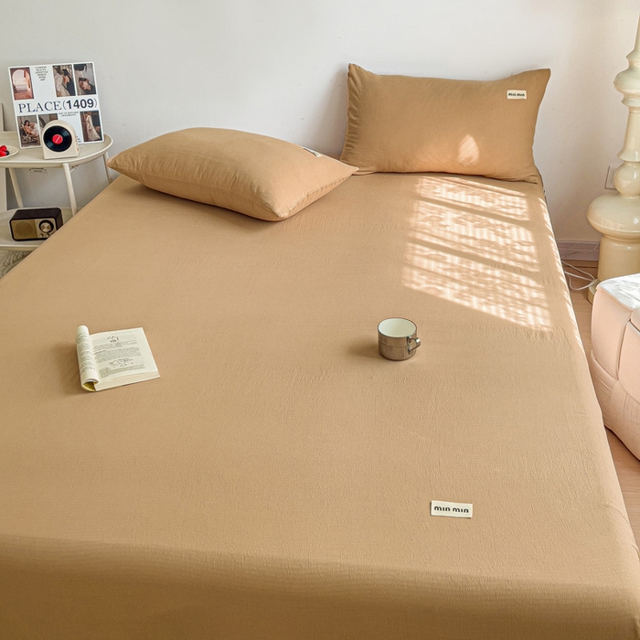 91家纺网 家纺一手货源 找家纺 澜妃 2025新款云感提花双层纱单床单  黄驼泡泡