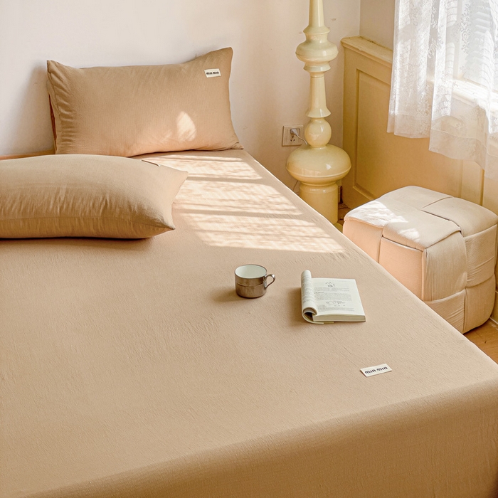 91家纺网 家纺一手货源 找家纺 澜妃 2025新款云感提花双层纱单床单  黄驼泡泡