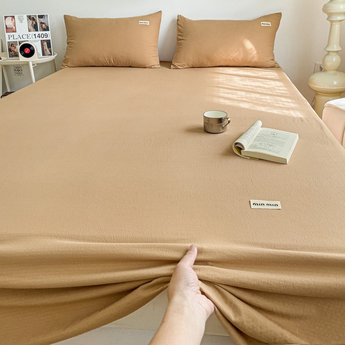 91家纺网 家纺一手货源 找家纺 澜妃 2025新款云感提花双层纱单床单  黄驼泡泡