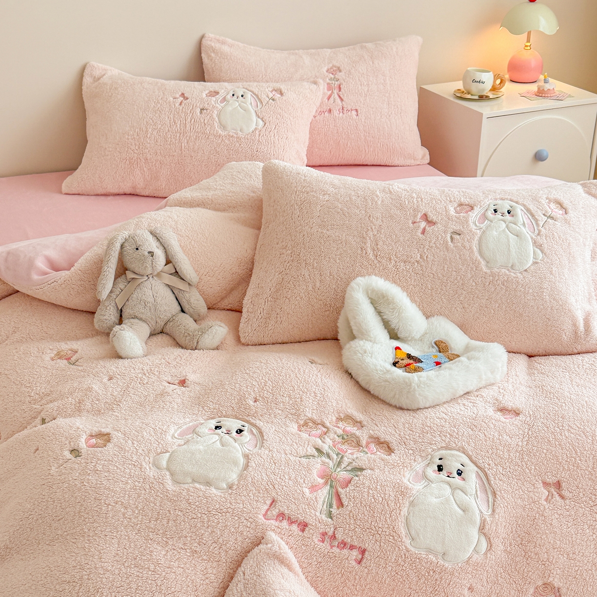 91家纺网 家纺一手货源 找家纺 典曼家纺 2025新款A类羊羔绒刺绣四件套系列 捧花小兔