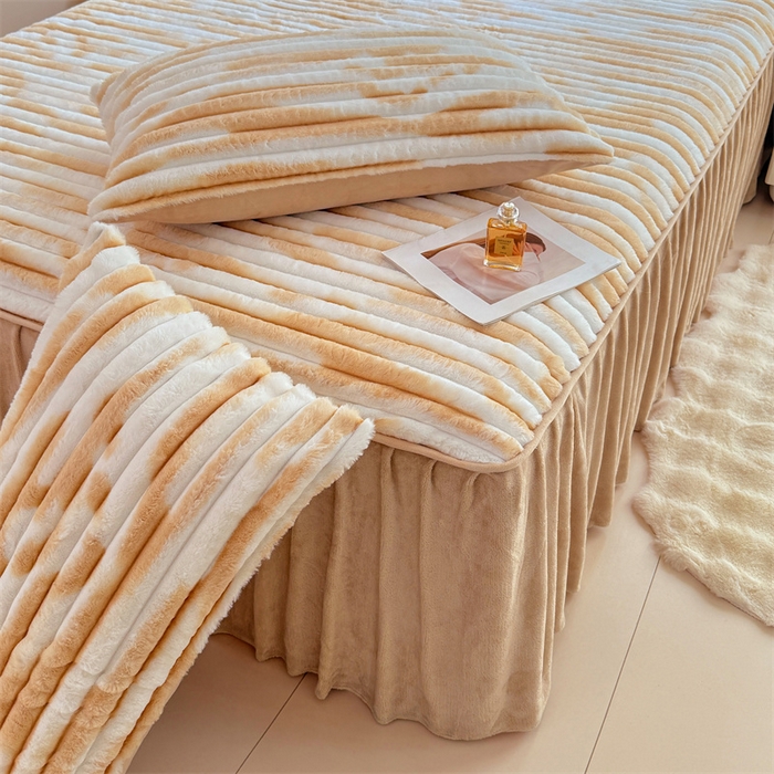 91家纺网 家纺一手货源 找家纺 梦舒羽 2025新款兔毛绒床裙法兰绒床垫保护罩牛奶绒床垫法莱绒床单罩-抽条 兔毛绒抽条-梦幻奶咖