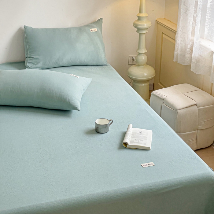 91家纺网 家纺一手货源 找家纺 澜妃 2025新款云感提花双层纱单床单  青绿泡泡