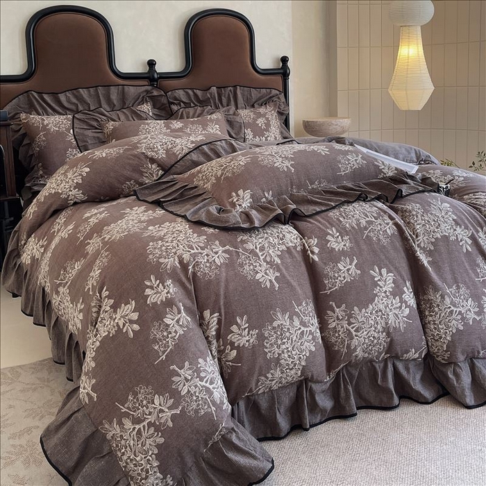 91家纺网 家纺一手货源 找家纺 丝芙妮家居（原乐视家纺） 2025新款A类原麻复合印花花边四件套 浅影摇