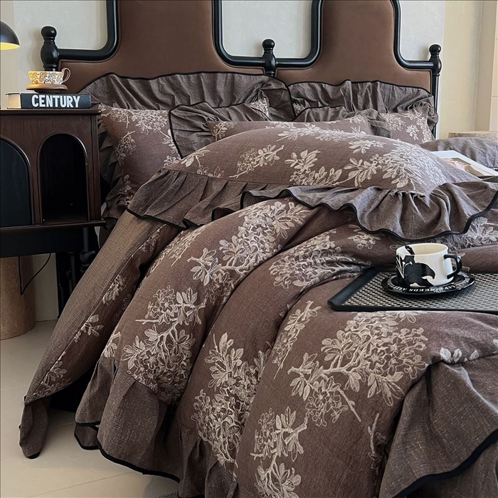 91家纺网 家纺一手货源 找家纺 丝芙妮家居（原乐视家纺） 2025新款A类原麻复合印花花边四件套 浅影摇