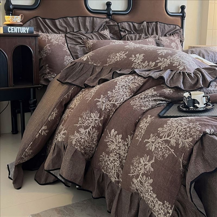 91家纺网 家纺一手货源 找家纺 丝芙妮家居（原乐视家纺） 2025新款A类原麻复合印花花边四件套 浅影摇