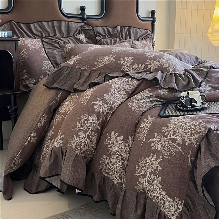 91家纺网 家纺一手货源 找家纺 丝芙妮家居（原乐视家纺） 2025新款A类原麻复合印花花边四件套 浅影摇