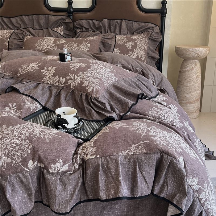 91家纺网 家纺一手货源 找家纺 丝芙妮家居（原乐视家纺） 2025新款A类原麻复合印花花边四件套 浅影摇