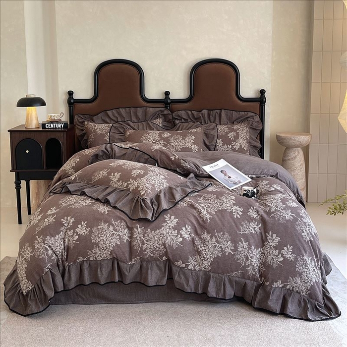 91家纺网 家纺一手货源 找家纺 丝芙妮家居（原乐视家纺） 2025新款A类原麻复合印花花边四件套 浅影摇