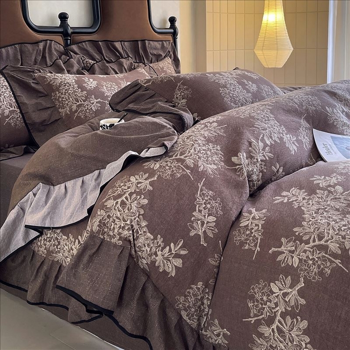 91家纺网 家纺一手货源 找家纺 丝芙妮家居（原乐视家纺） 2025新款A类原麻复合印花花边四件套 浅影摇