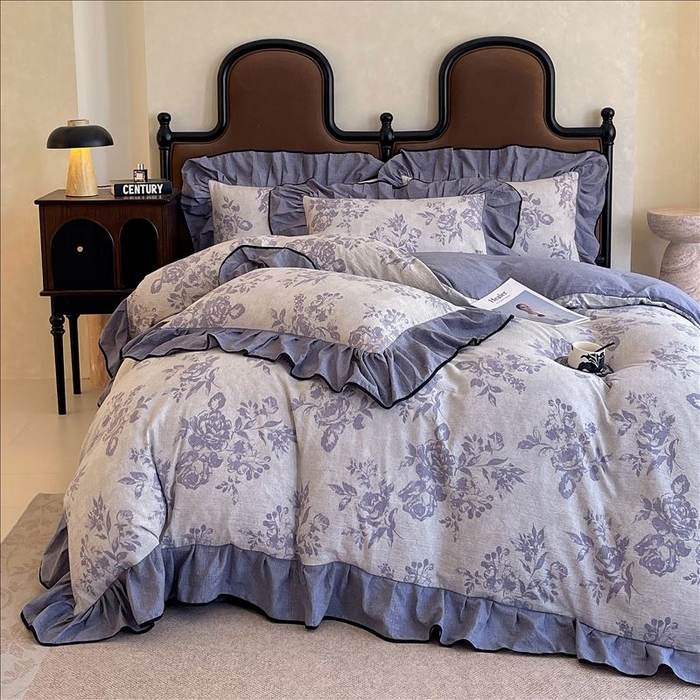 91家纺网 家纺一手货源 找家纺 丝芙妮家居（原乐视家纺） 2025新款A类原麻复合印花花边四件套 梦幻花园