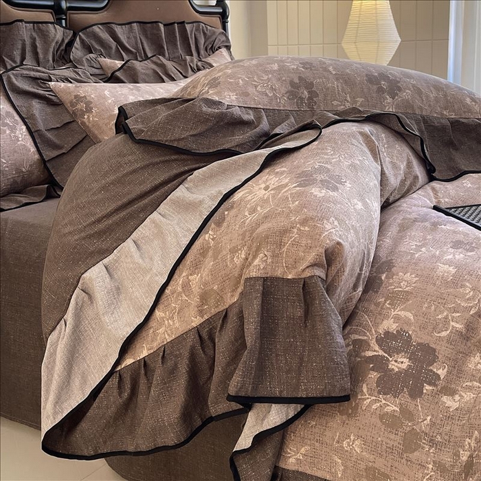 91家纺网 家纺一手货源 找家纺 丝芙妮家居（原乐视家纺） 2025新款A类原麻复合印花花边四件套 陌清香