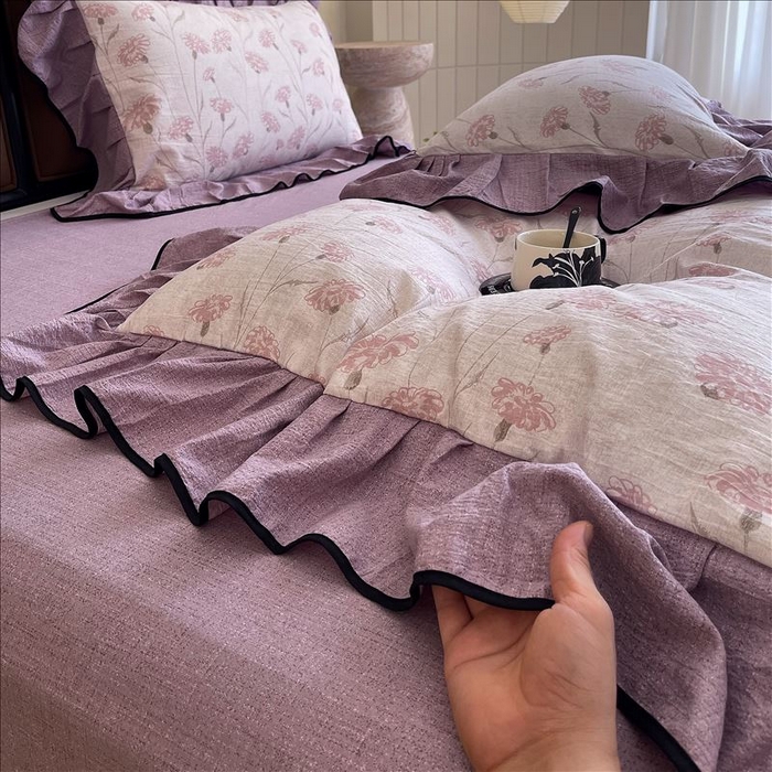 91家纺网 家纺一手货源 找家纺 丝芙妮家居（原乐视家纺） 2025新款A类原麻复合印花花边四件套 春意漫漫