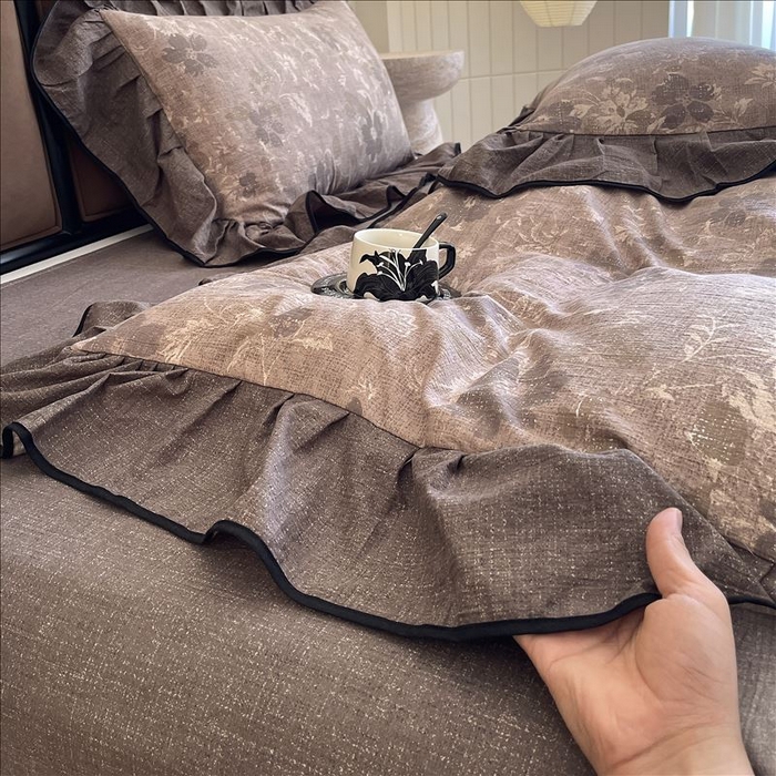 91家纺网 家纺一手货源 找家纺 丝芙妮家居（原乐视家纺） 2025新款A类原麻复合印花花边四件套 陌清香