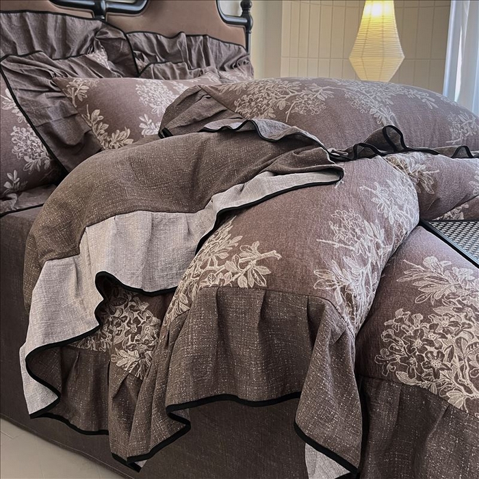 91家纺网 家纺一手货源 找家纺 丝芙妮家居（原乐视家纺） 2025新款A类原麻复合印花花边四件套 浅影摇