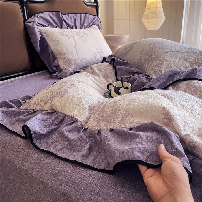 91家纺网 家纺一手货源 找家纺 丝芙妮家居（原乐视家纺） 2025新款A类原麻复合印花花边四件套 月下繁花