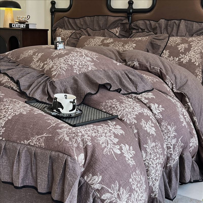 91家纺网 家纺一手货源 找家纺 丝芙妮家居（原乐视家纺） 2025新款A类原麻复合印花花边四件套 浅影摇