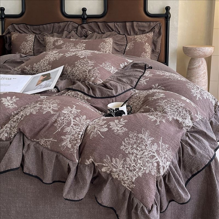 91家纺网 家纺一手货源 找家纺 丝芙妮家居（原乐视家纺） 2025新款A类原麻复合印花花边四件套 浅影摇