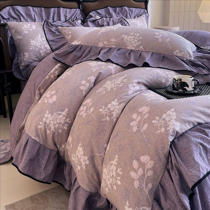 91家纺网 家纺一手货源 找家纺 丝芙妮家居（原乐视家纺） 2025新款A类原麻复合印花花边四件套 花畔呢喃